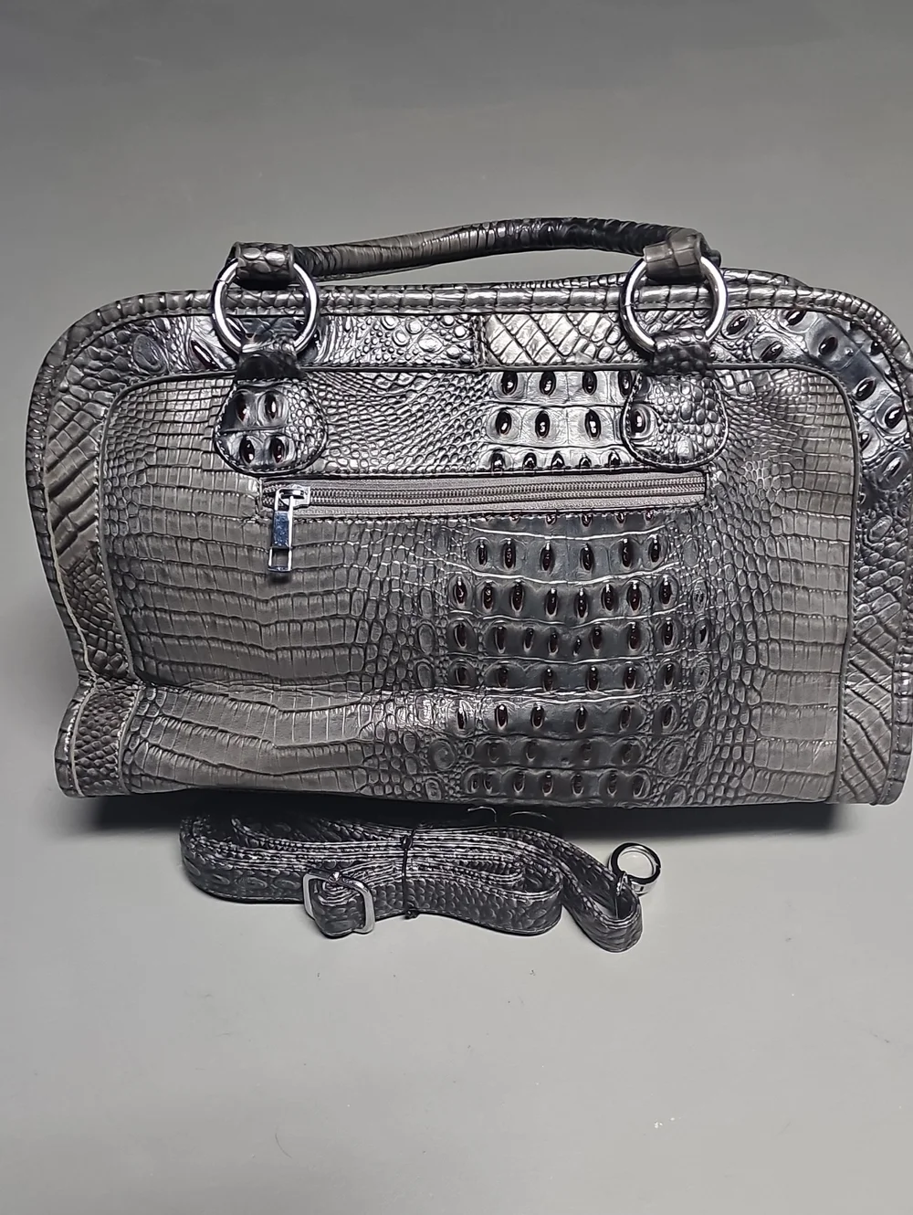 Grey Croc Leatherette Crystal Srud Silver Satchel Purse Bag Crossbody EUC